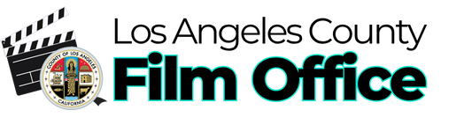 Heading Level 2 Los Angeles County Film Office. Image description is a logo featuring a black and white film clapperboard, the official seal of Los Angeles County, and the words “Film Office” in bold, teal-outlined letters.