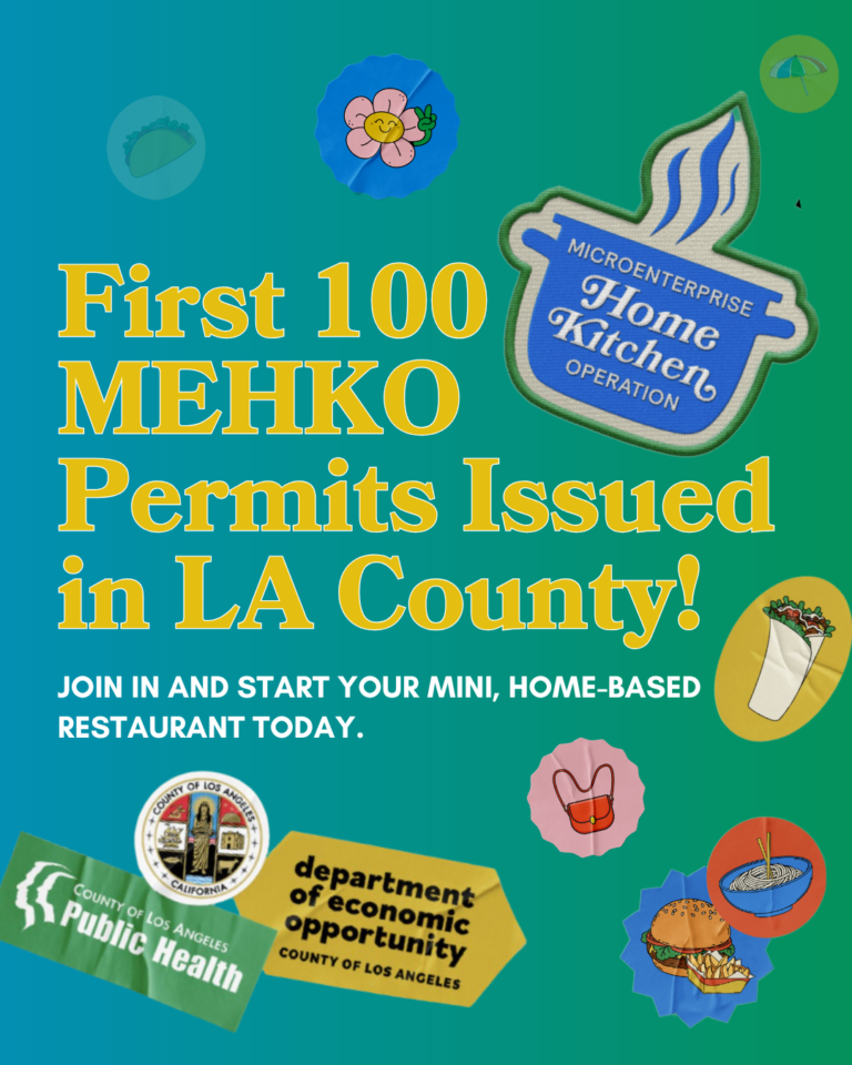 Colorful graphic celebrating the first 100 MEHKO (Microenterprise Home Kitchen Operation) permits issued in LA County, encouraging residents to start their own mini, home-based restaurant. Includes logos for LA County Public Health and the Department of Economic Opportunity, along with food-themed illustrations.