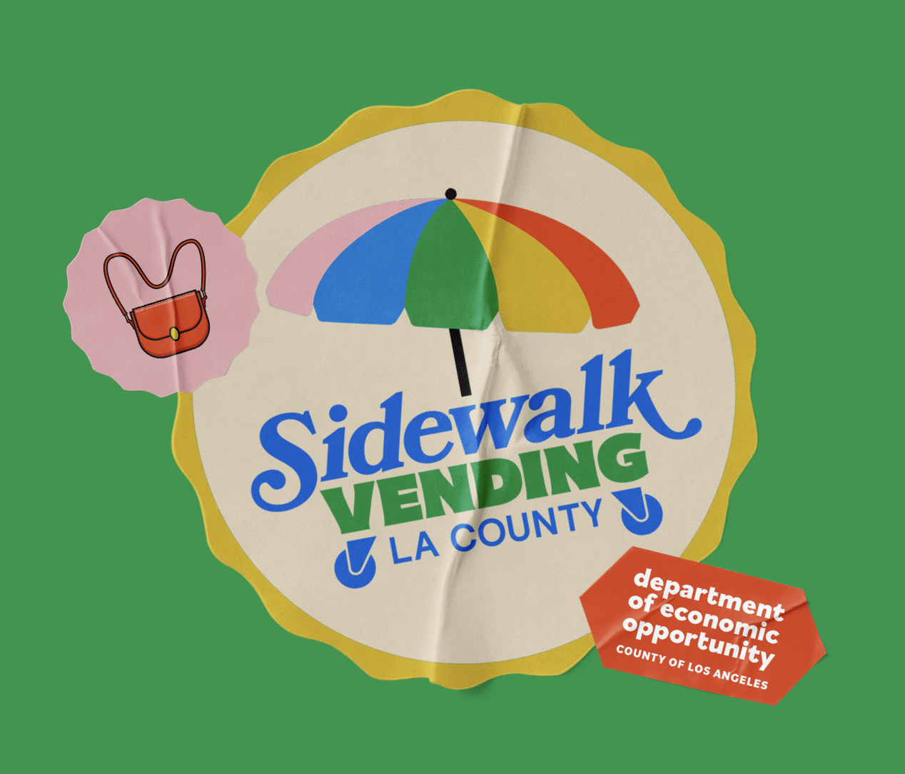 A colorful graphic logo for LA County Sidewalk Vending featuring a multicolor umbrella, bold text, and logos for the Department of Economic Opportunity and County of Los Angeles, set against a green background.