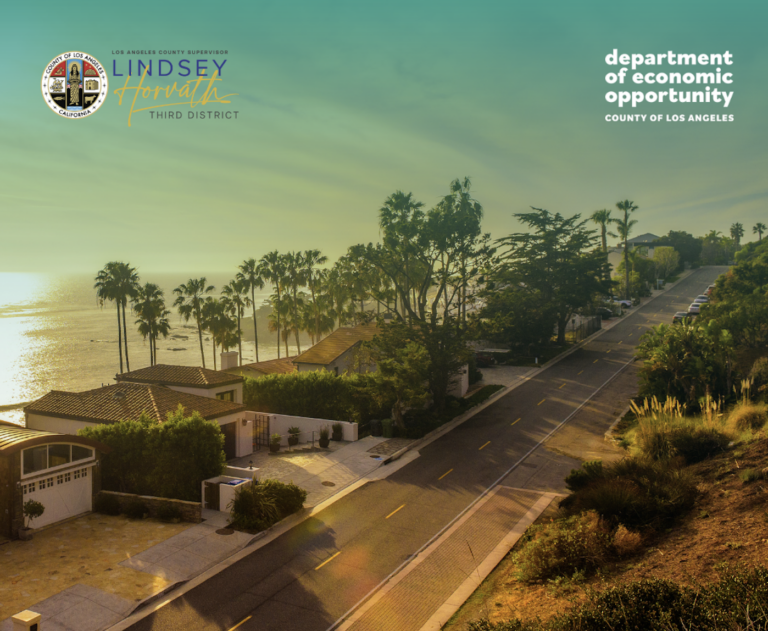 Scenic coastal road at sunset in Los Angeles County with palm trees, homes, and logos for Lindsey Horvath and the Department of Economic Opportunity.