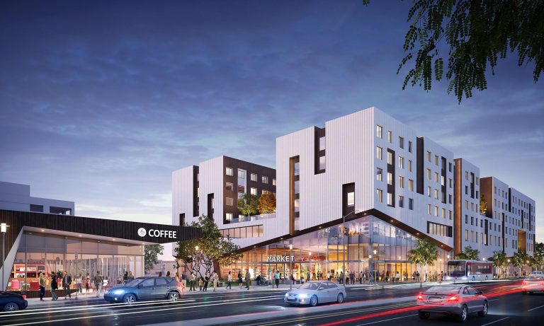 Evening rendering of a modern mixed-use development with retail shops including a coffee shop and market on the ground floor, multi-story residential units above, and cars driving along a well-lit urban street.