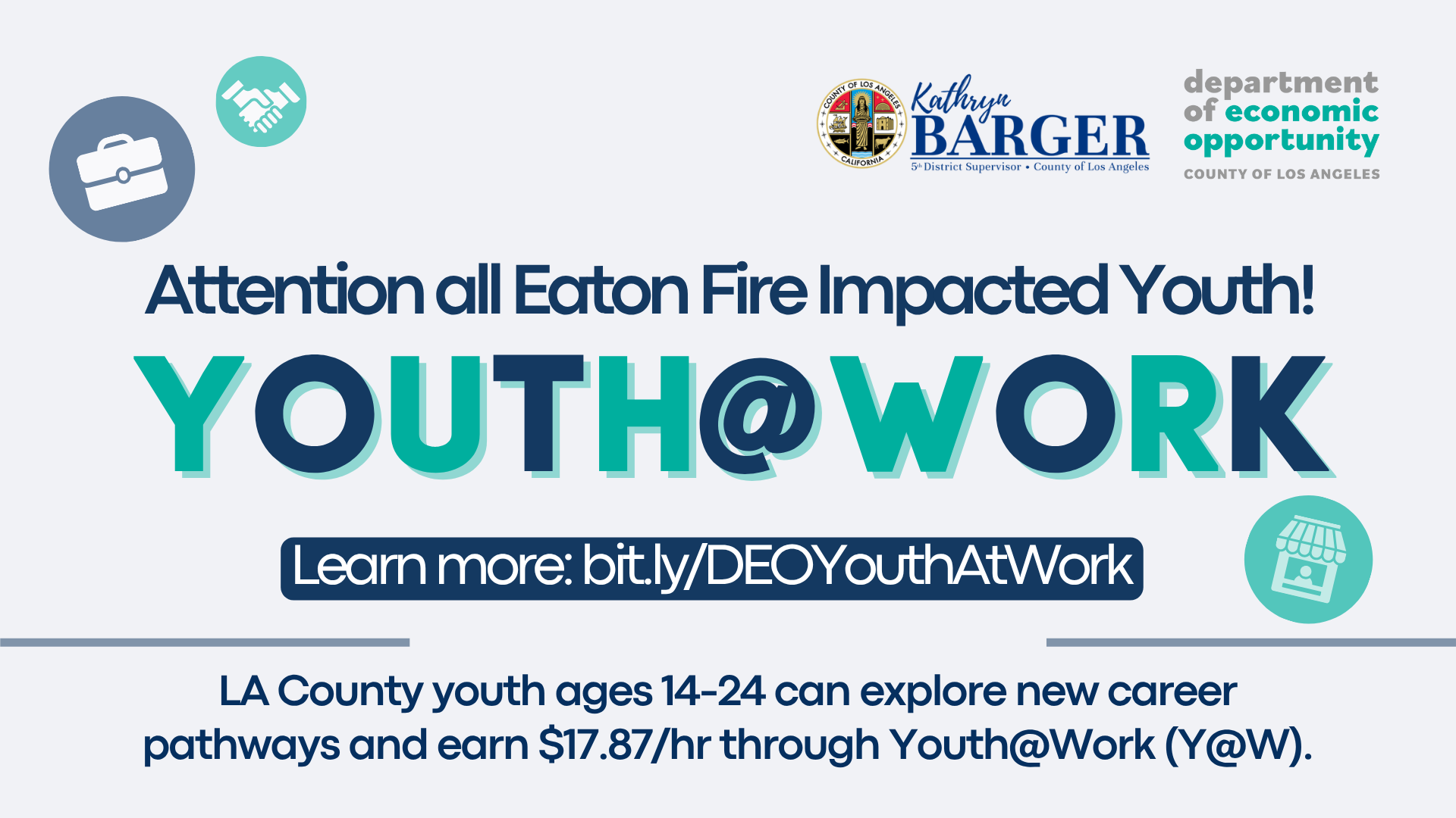 Promotional Graphic for Youth at Work Program. Information in Image says LA county youth ages 14-24 can explore new career pathways and earn seventeen dollars and 87 cents through the program. There are icons of a briefcase, shop, and handshake in the image.