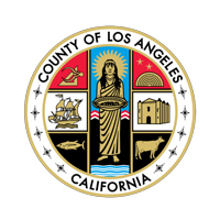 The image is the official seal of the County of Los Angeles, California, featuring the Roman goddess Pomona with a cornucopia, surrounded by symbols of the county’s heritage and industries, including a Spanish galleon, the Hollywood Bowl, the San Gabriel Mission, engineering tools, a tuna fish, and a cow, encircled by the text “County of Los Angeles California.”