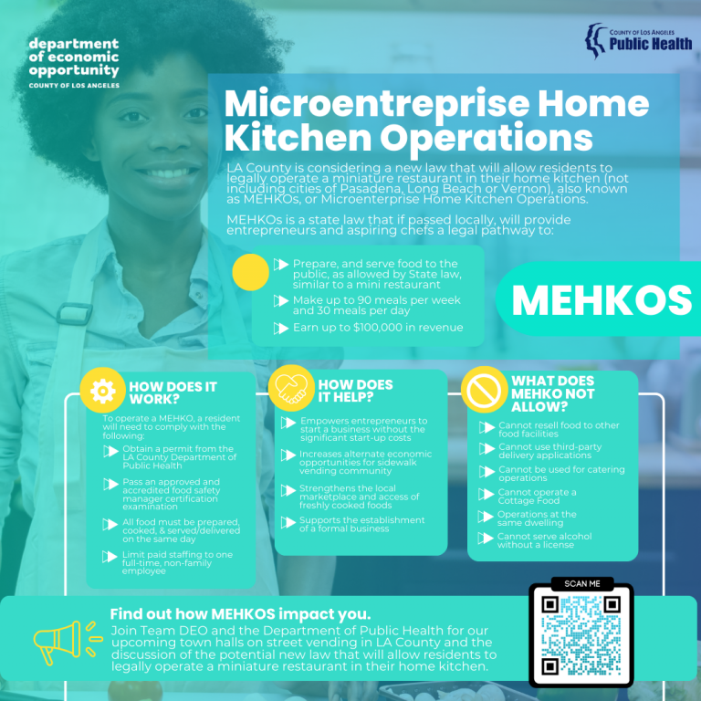 Alt text: Informational flyer from the Los Angeles County Department of Economic Opportunity and the Los Angeles County Department of Public Health about Microenterprise Home Kitchen Operations (MEHKOs), a proposed LA County law that would allow residents, excluding those in Pasadena, Long Beach, and Vernon, to legally operate miniature restaurants from their home kitchens. The flyer explains that MEHKOs, if passed locally, would let entrepreneurs prepare and serve food to the public similar to a mini restaurant, make up to 90 meals per week and 30 per day, and earn up to \$100,000 annually. To operate, residents must obtain a permit from the LA County Department of Public Health, pass an approved food safety manager certification exam, prepare, cook, and serve/deliver meals on the same day, and limit paid staffing to one full-time non-family employee. Benefits include empowering entrepreneurs to start businesses with low start-up costs, creating economic opportunities for the sidewalk vending community, strengthening local markets with freshly cooked foods, and supporting the establishment of formal businesses. Restrictions include not reselling food to other facilities, not using third-party delivery apps, not operating catering services, not running a Cottage Food Operation at the same dwelling, and not serving alcohol without a license. The flyer invites residents to join upcoming town halls on street vending and MEHKO discussions, with a QR code labeled “Scan Me” for more information.