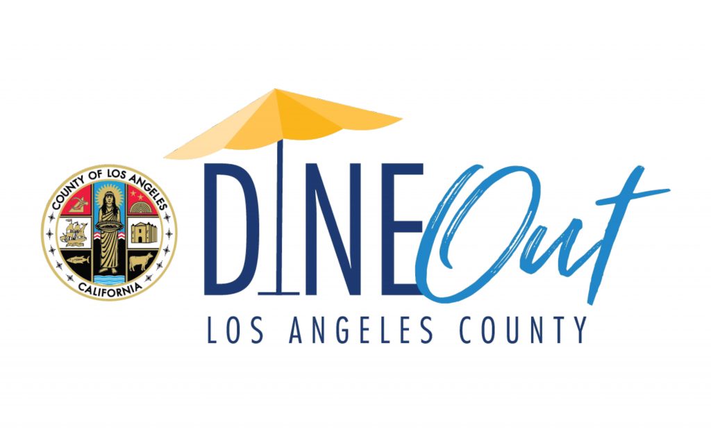 The Dine Out Los Angeles County logo features the LA County seal on the left and the words “Dine Out” with the “I” stylized as a yellow patio umbrella, followed by “Los Angeles County” in smaller text underneath.