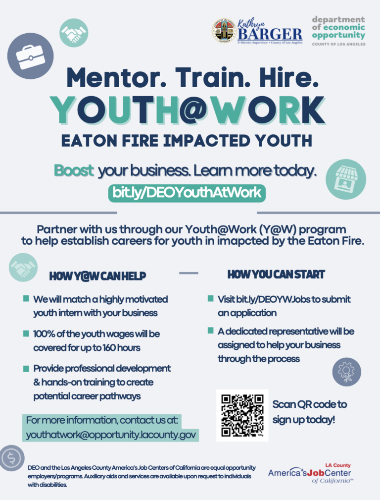 Flyer promoting LA County’s Youth@Work program for Eaton Fire-impacted youth, encouraging businesses to mentor, train, and hire young people. It highlights that 100% of youth wages (up to 160 hours) will be covered and offers professional development and training. The flyer provides a contact email (youthatwork@opportunity.lacounty.gov), a QR code to sign up, and a link to learn more: bit.ly/DEOYouthAtWork. Logos for Kathryn Barger, LA County Supervisor, the Department of Economic Opportunity, and America’s Job Center are included.
