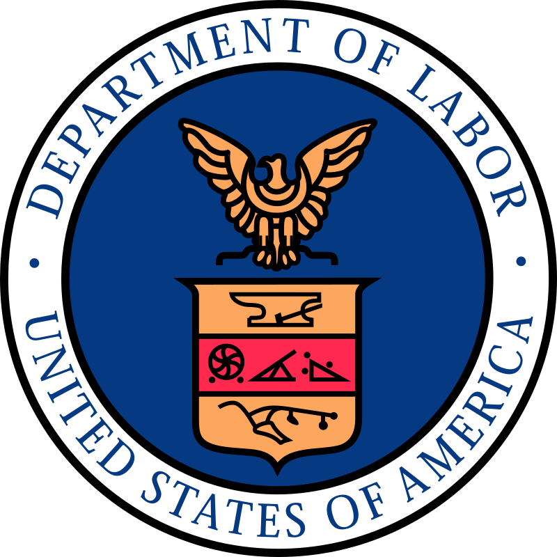 The seal of the United States Department of Labor features a golden eagle atop a shield with symbols of industry and labor, encircled by the text “Department of Labor United States of America” on a blue background.