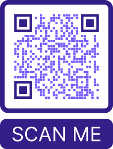 Purple QR code with the words “SCAN ME” written in white on a purple background beneath it.