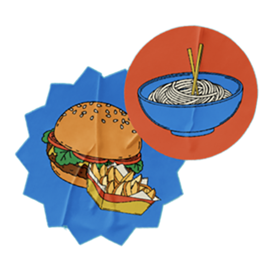 Illustration of a hamburger with fries on a blue badge next to a bowl of noodles with chopsticks on a red badge.
