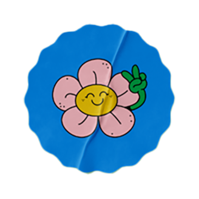 Smiling cartoon flower with pink petals and a yellow face, holding up a green peace sign, shown inside a blue scalloped sticker shape.