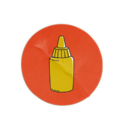Yellow squeeze bottle with a pointed nozzle illustrated inside a red circular sticker.