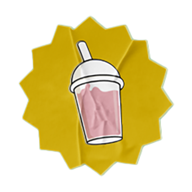 Cartoon smoothie cup with a lid and straw, filled with a pink drink, placed inside a jagged starburst sticker shape.