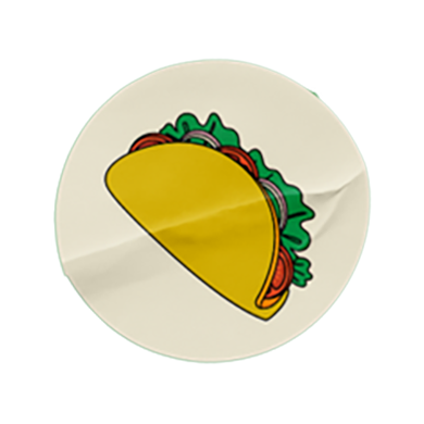 Cartoon taco sticker showing a yellow taco shell filled with lettuce and other toppings inside a circular sticker shape.