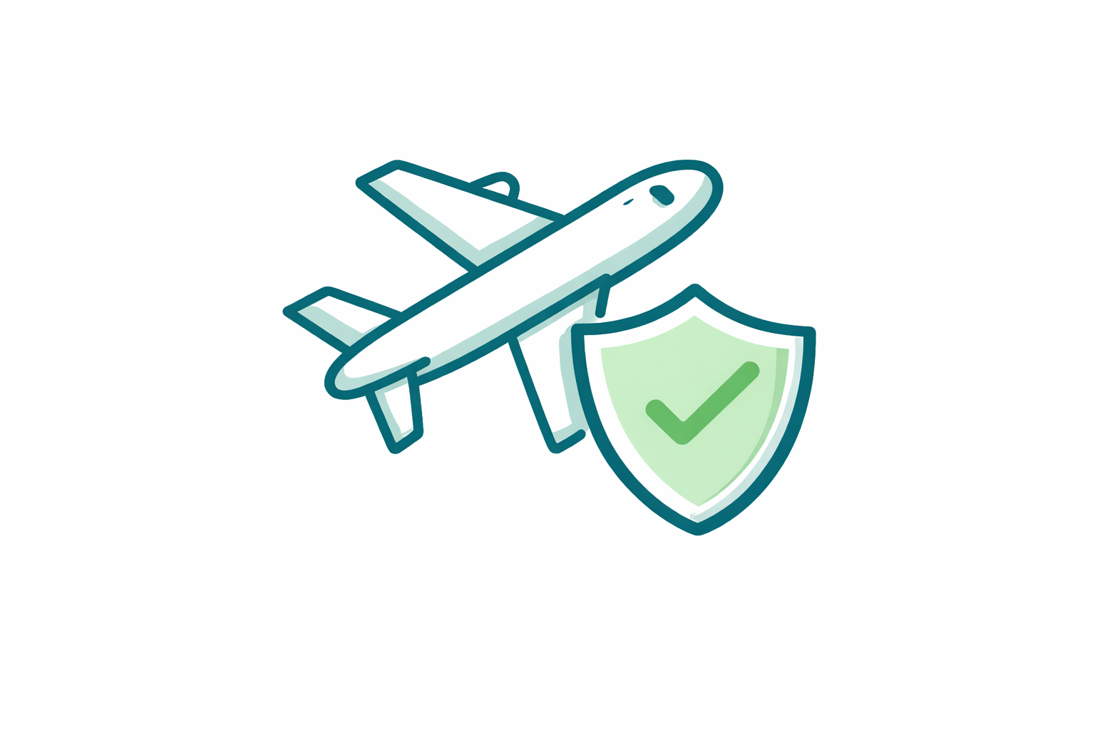 Illustration of an airplane flying beside a green shield with a checkmark, representing secure or protected travel.