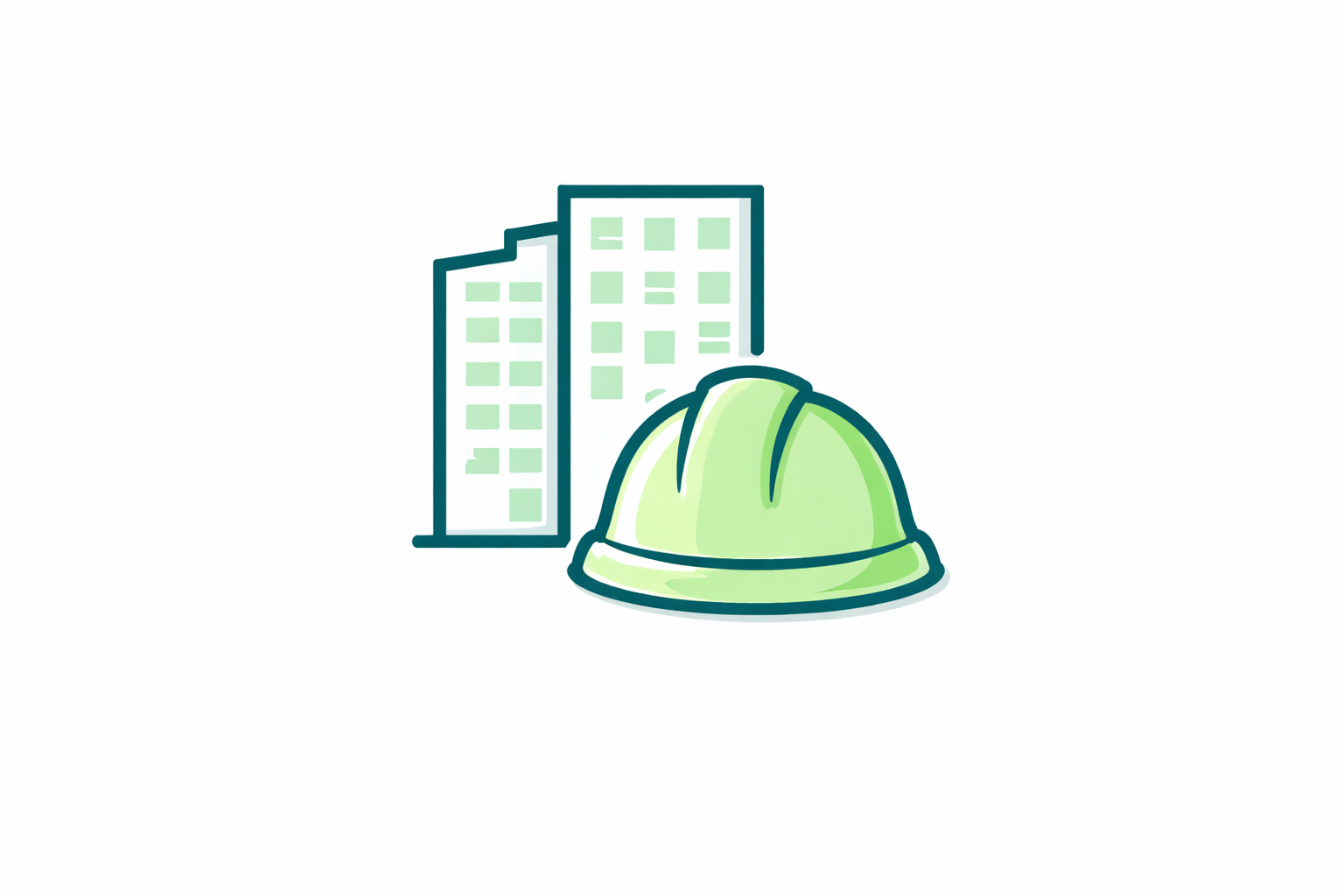 Illustration of two buildings beside a green construction hard hat, representing construction or infrastructure development.
