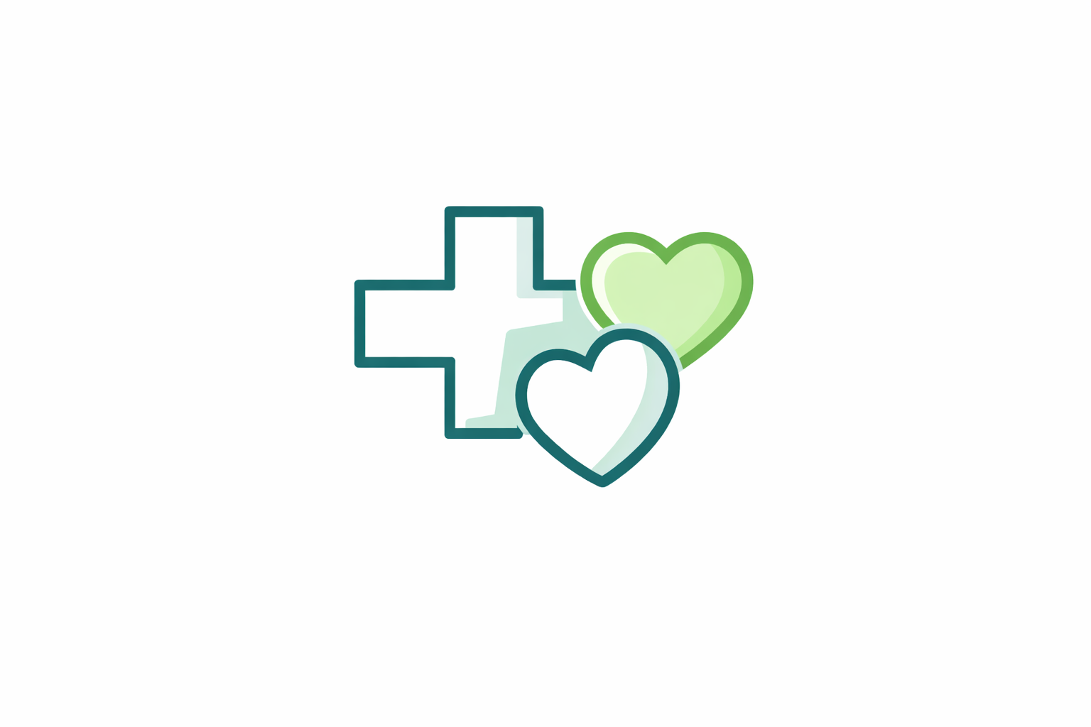 Illustration of a medical cross beside two overlapping heart icons, representing healthcare or wellness.