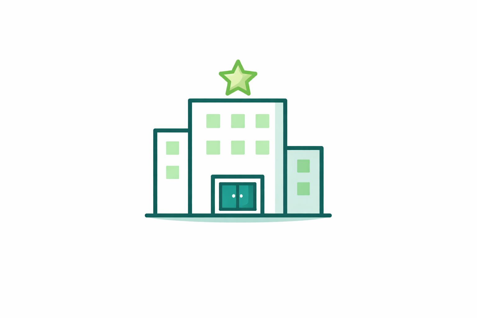 Illustration of a three-section building with green windows and double front doors, topped with a green star above the roofline.