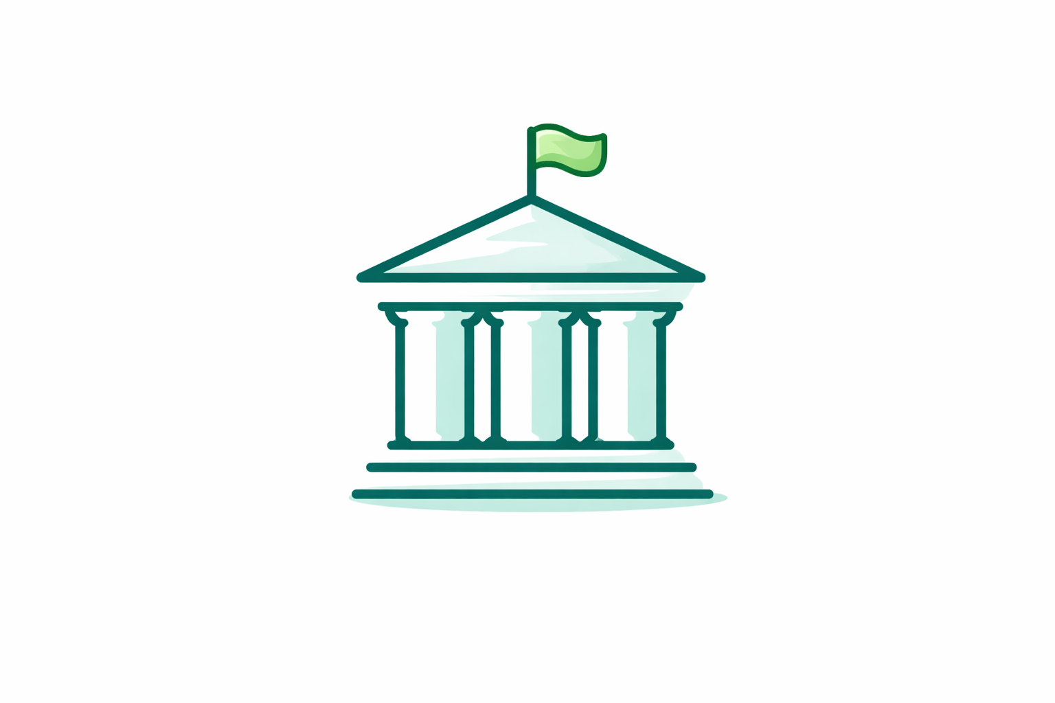 Illustration of a classical government building with columns, steps, and a triangular roof topped with a green flag.